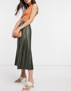 Плиссированная юбка миди цвета хаки из искусственной кожи ASOS DESIGN-Бесцветный