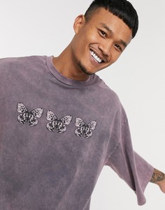 Oversized-футболка с бабочками и эффектом кислотной стирки ASOS DESIGN-Серый