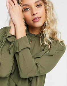 Блузка цвета хаки с оборками Vero Moda-Зеленый
