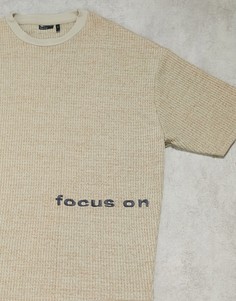 Коричневая футболка в стиле oversized с вышивкой и вафельной текстурой ASOS DESIGN-Белый