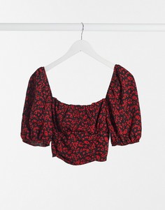Красная короткая блузка с цветочным принтом Bershka-Красный