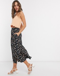 Черная юбка миди на пуговицах с цветочным принтом ASOS DESIGN-Мульти