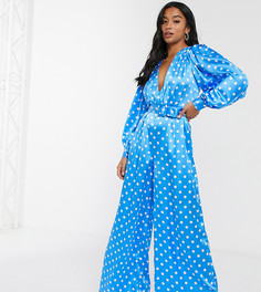 Синий атласный комбинезон в белый горошек с широкими штанинами ASOS DESIGN Petite-Мульти