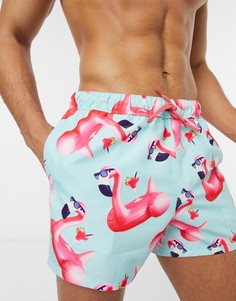 Короткие шорты для плавания с оригинальным принтом фламинго ASOS DESIGN-Синий
