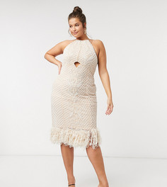 Бежевое платье миди с отделкой перьями ASOS DESIGN Curve-Бежевый