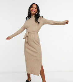 Платье миди с завязками на талии ASOS DESIGN Petite-Светло-бежевый