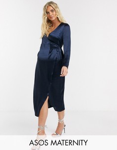 Темно-синее атласное платье миди с запахом ASOS DESIGN Maternity-Темно-синий