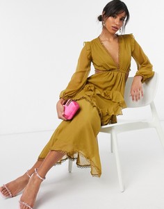 Платье миди с длинными рукавами и отделкой ASOS DESIGN-Зеленый