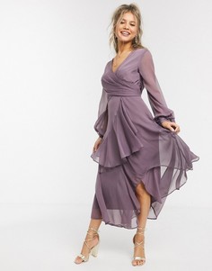 Сиреневое платье миди с запахом и двухслойной юбкой ASOS DESIGN-Фиолетовый