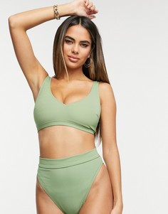 Трусы бикини цвета хаки в рубчик с завышенной талией ASOS DESIGN-Зеленый