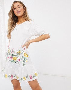 Белое платье миди с пышными рукавами и вышивкой ASOS DESIGN-Белый