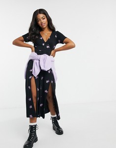 Черное платье макси с вышивкой и двумя разрезами ASOS DESIGN-Черный