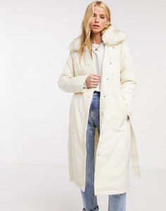 Пуховик с искусственным мехом и поясом Fashion Union-Кремовый