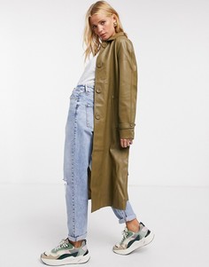 Пальто из искусственной кожи с воротником и поясом Fashion Union-Зеленый