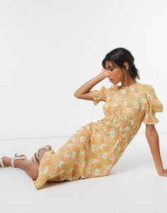 Желтое чайное платье миди с цветочным принтом ASOS DESIGN-Мульти