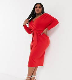 Красное структурированное платье миди с поясом ASOS DESIGN Curve-Красный