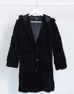 Черное пальто из искусственного меха с капюшоном Missguided-Черный