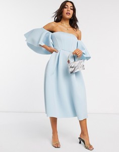 Голубое платье миди для выпускного с открытыми плечами ASOS DESIGN-Синий