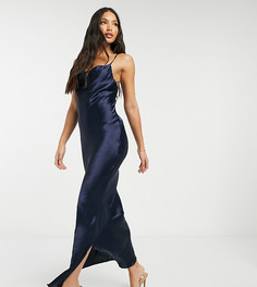 Платье-комбинация макси из атласной ткани со шнуровкой на спине ASOS DESIGN Tall-Темно-синий
