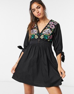 Черное свободное платье мини с вышивкой и завязками на рукавах ASOS DESIGN-Черный