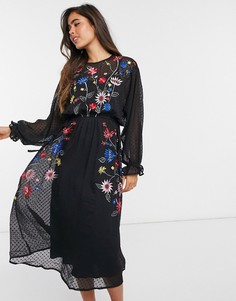 Платье макси в горошек с цветочной вышивкой ASOS DESIGN-Черный