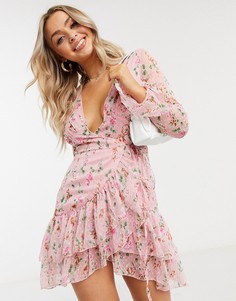 Розовое платье мини в горошек добби с запахом и рукавами клеш ASOS DESIGN-Мульти