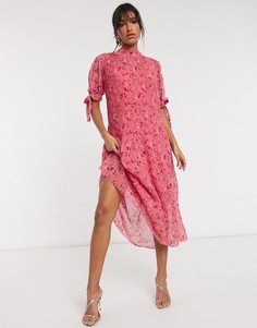 Платье миди с цветочным принтом и завязками на рукавах ASOS DESIGN-Мульти