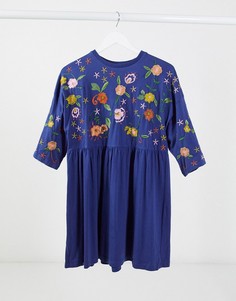 Темно-синее свободное платье с вышивкой ASOS DESIGN-Темно-синий