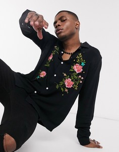 Рубашка классического кроя с цветочной вышивкой ASOS DESIGN-Черный