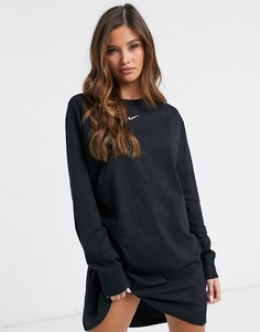 Черное платье-футболка с длинным рукавом и логотипом Nike в виде галочки-Черный