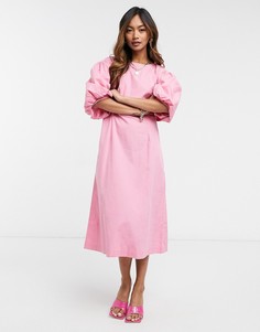 Розовое поплиновое платье миди с пышными рукавами Vero Moda-Розовый