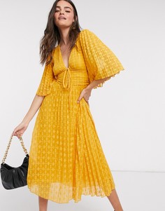 Платье миди со шнуровкой и плиссировкой горчичного цвета ASOS DESIGN-Желтый