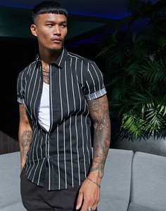 Черная зауженная рубашка из вискозы  в полоску ASOS DESIGN-Черный