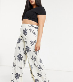 Широкие брюки от комплекта с ярким цветочным принтом Glamorous Curve-Кремовый