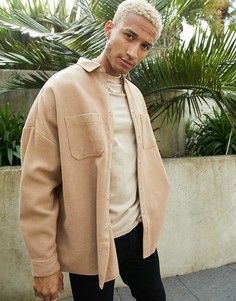 Бежевая свободная рубашка с добавлением шерсти ASOS DESIGN-Коричневый