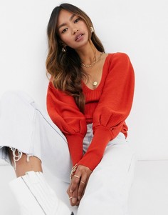 Красный джемпер с V-образным вырезом и объемными рукавами ASOS DESIGN