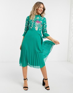 Изумрудно-зеленое плиссированное платье миди с вышивкой ASOS DESIGN-Зеленый