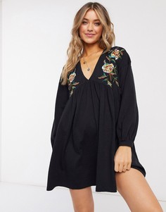 Платье мини с цветочной вышивкой ASOS DESIGN-Черный