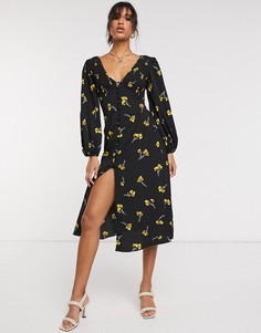 Присборенное платье миди на пуговицах с цветочным принтом ASOS DESIGN-Мульти