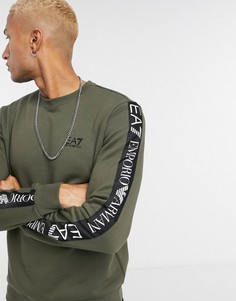 Свитшот хаки с фирменной лентой на рукавах Armani EA7 Logo Series-Зеленый
