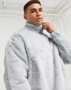 Серый свитшот ASOS DESIGN в стиле oversized из искусственного меха с высоким воротником на молнии