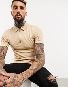 Светло-коричневое обтягивающее поло в рубчик ASOS DESIGN-Бежевый