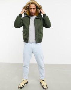 Короткая парка цвета хаки с искусственным мехом на капюшоне Jack & Jones Originals-Зеленый