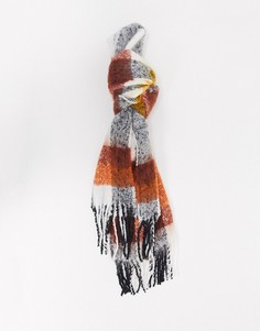 Длинный пушистый шарф в клетку горчичного и коричневого цвета ASOS DESIGN-Мульти