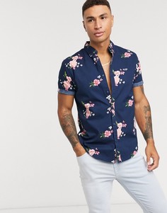Темно-синяя узкая рубашка с короткими рукавами и цветочным принтом Hollister-Темно-синий
