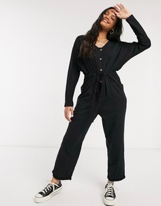 Черный комбинезон на пуговицах с длинными рукавами и поясом ASOS DESIGN