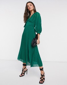 Плиссированное платье миди с узором шеврон и рукавами "летучая мышь" ASOS DESIGN-Зеленый