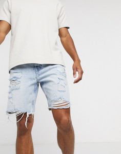 Голубые узкие джинсовые шорты с рваной отделкой Bershka-Синий