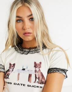 Футболка с кружевной отделкой и принтом New Girl Order-Белый