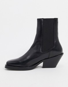 Черные кожаные полусапожки на каблуке с квадратным носком Selected Femme-Черный